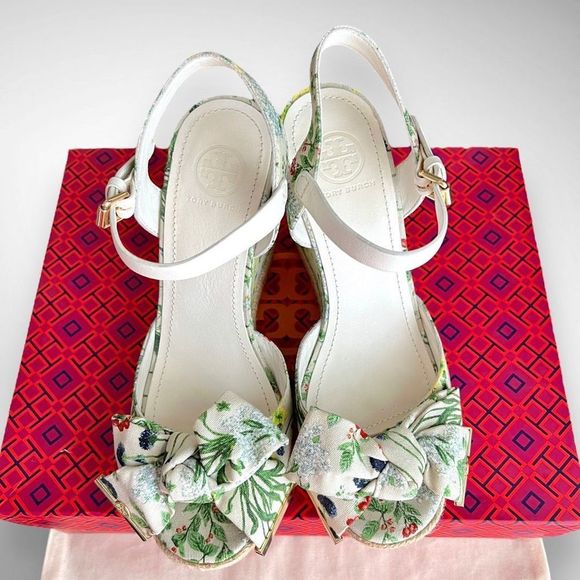 Tory Burch Penny 120MM Wedge in Watercolor Botanical Print / New Ivory Sz 7(M) - Picture 14 of 16